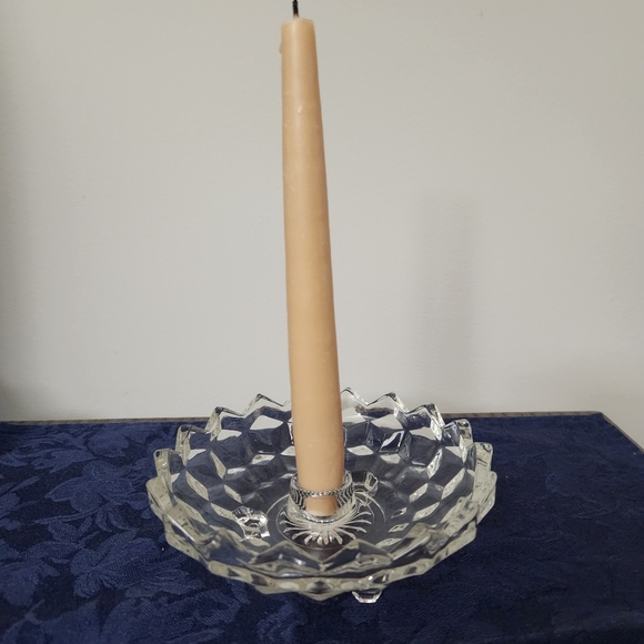 Vintage Clear Glass Candle Holder Bowl Footed Decor Fostoria American Cubist - Picture 5 of 5